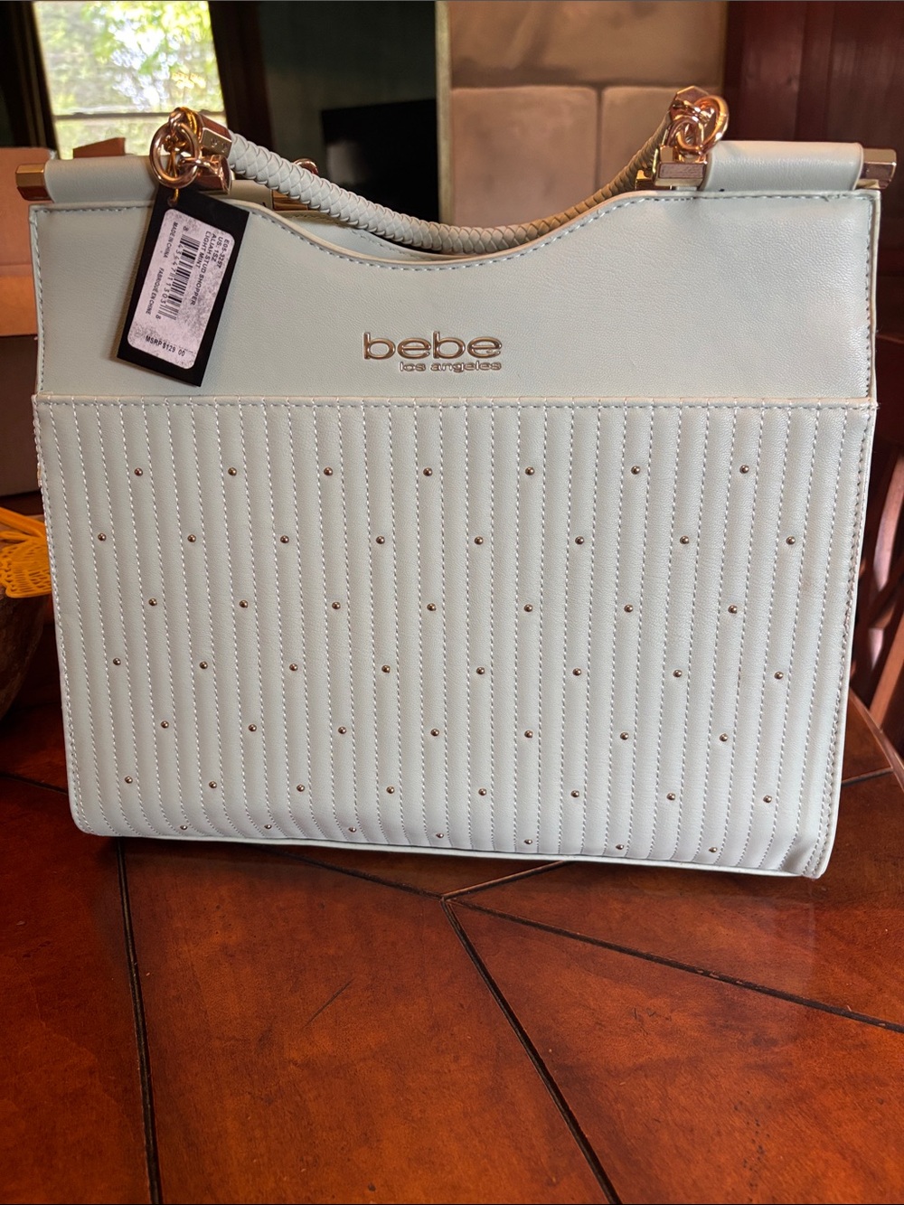bebe Quilted Studded Satchel in mint green with Gold Hardware